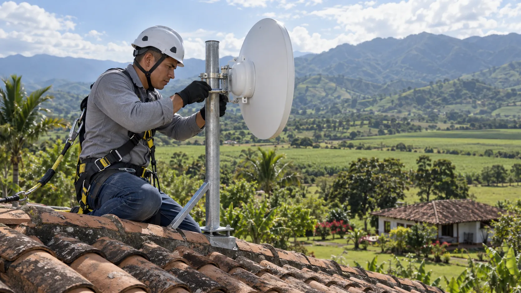 IRT technician installing an antenna at a rural home